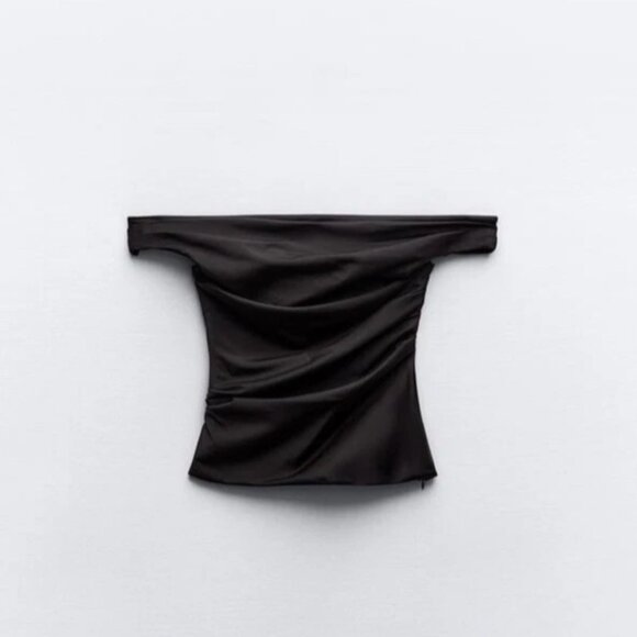 ZARA Off-the-Shoulder Stretch Poplin Top Black Women's Size Medium Ruched Fitted - Picture 2 of 9